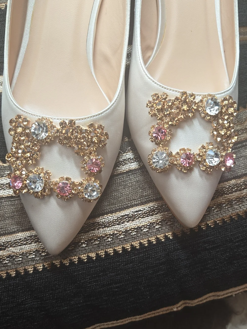 Soft Cream Satin Pointed Toe Low Heel Flats with Gold & Pink Crystal Buckle